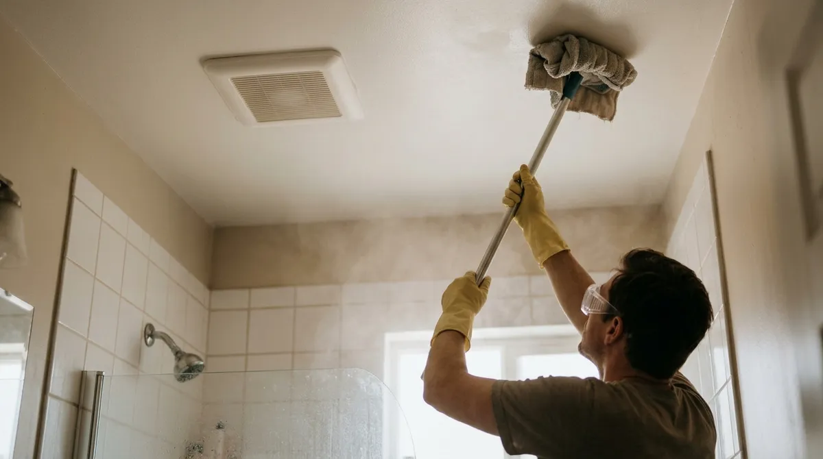 On the bathroom ceiling, the product goes on the cloth, not on the ceiling, and the fan stays on from start to finish