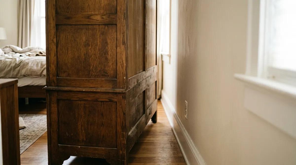 When you put it back, leave a gap between the wardrobe and the wall: the air moving through there keeps the mold from returning